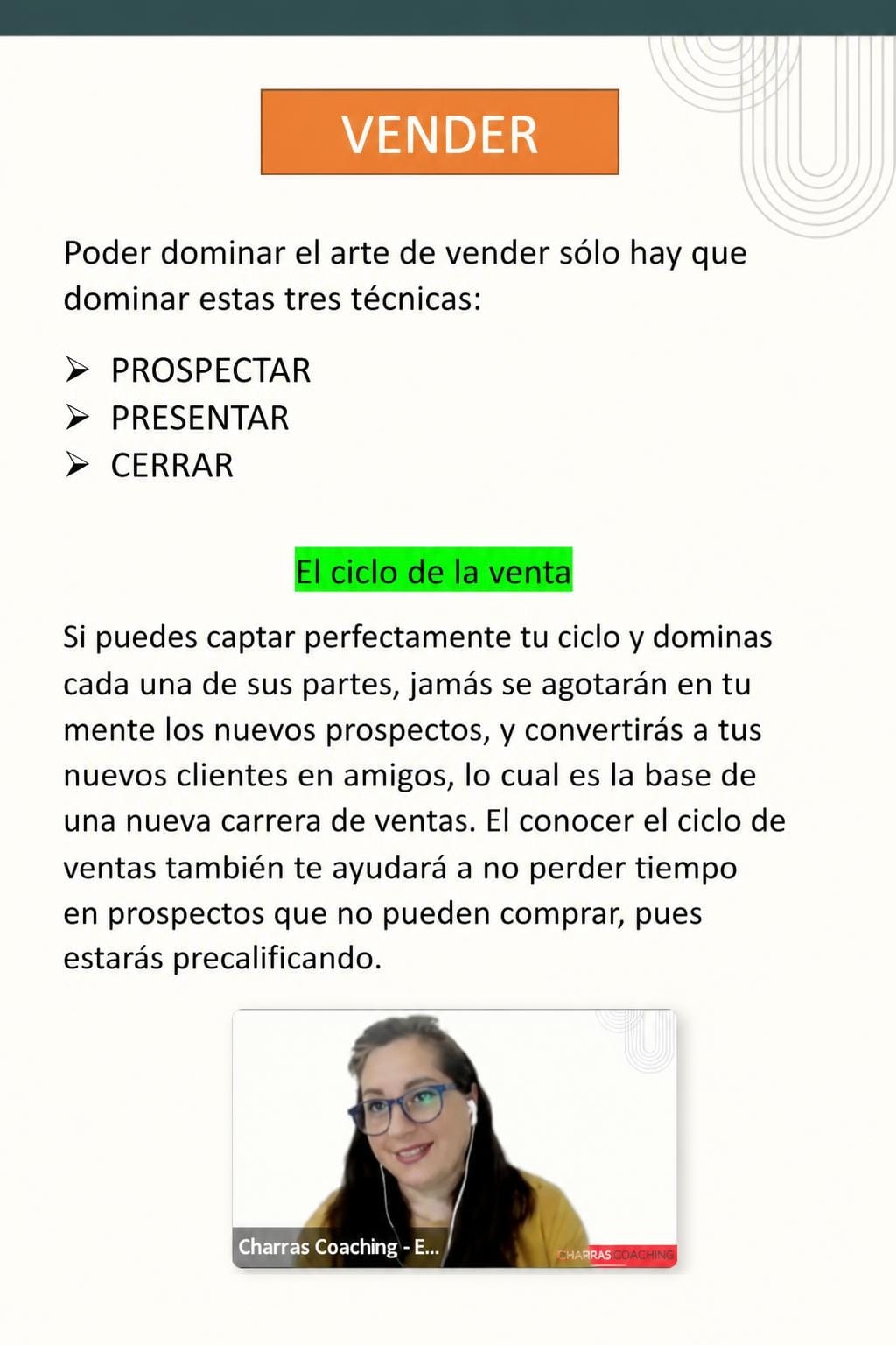 Material de una clase en vivo de Emilce Charras sobre ventas